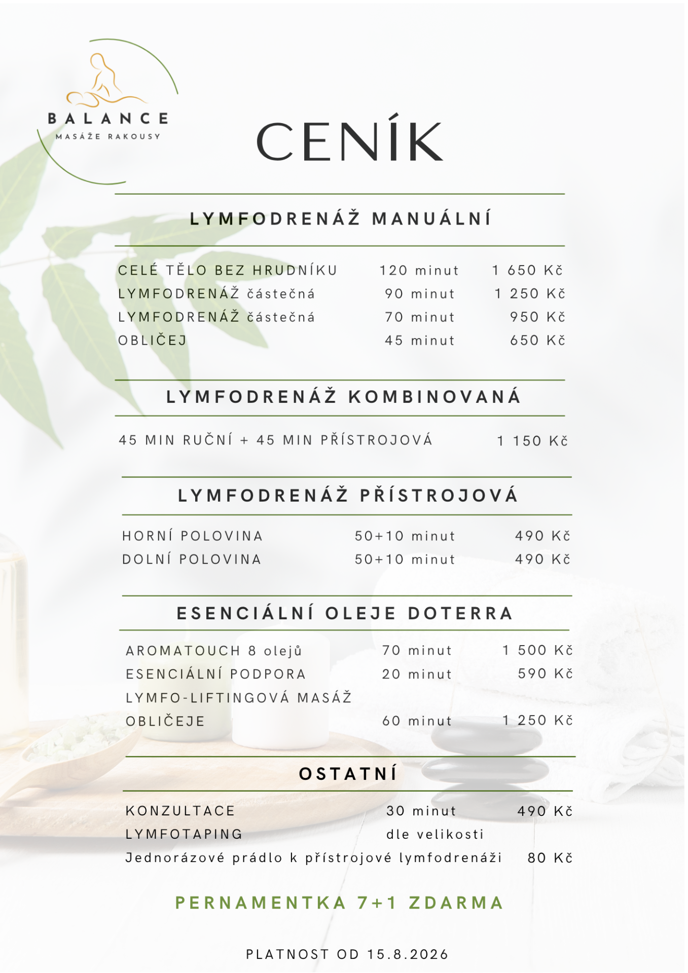 Ceník lymfodrenáže, Ceník aromatouch, Ceník Balance masáže Rakousy