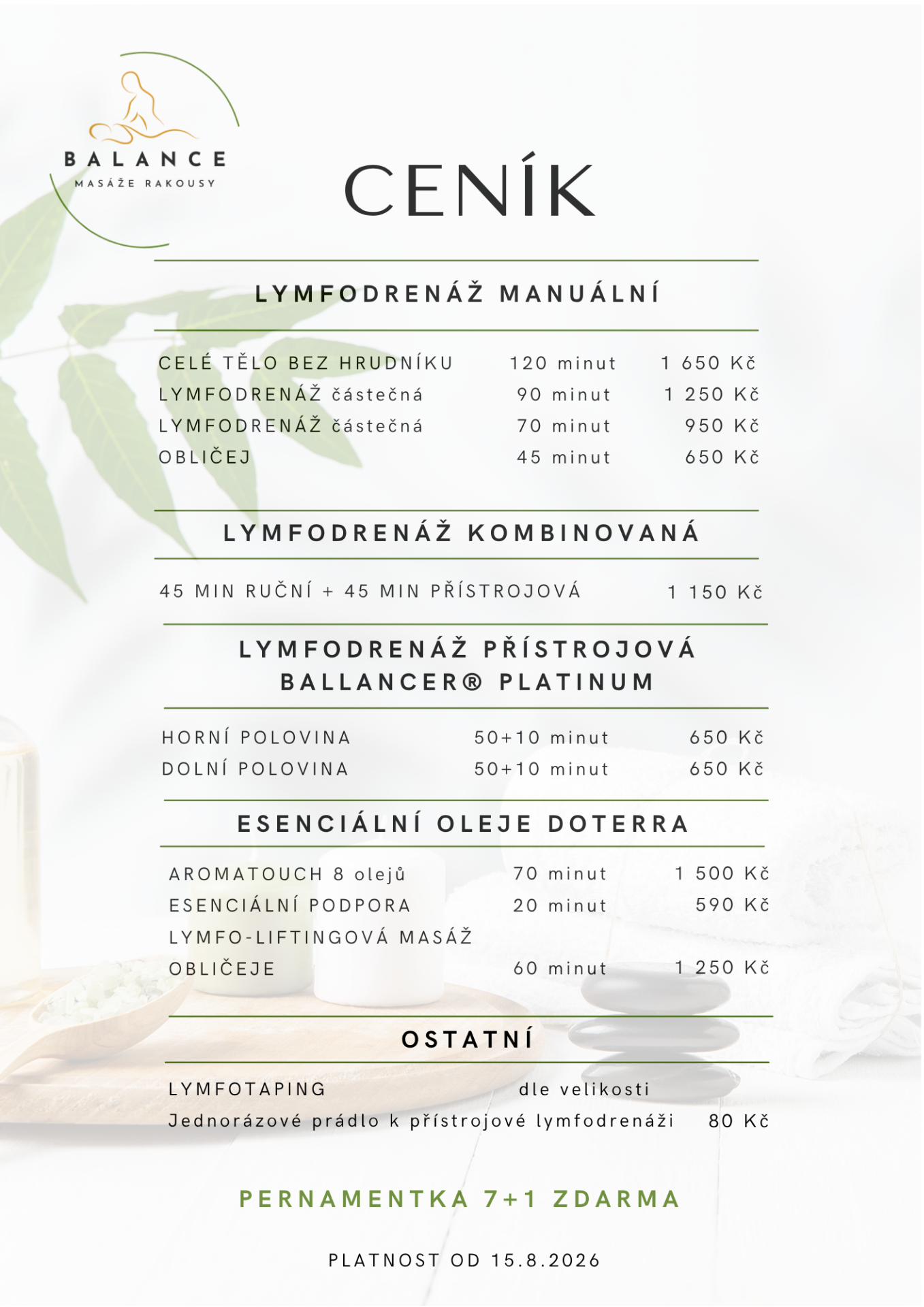 Ceník lymfodrenáže, Ceník aromatouch, Ceník Balance masáže Rakousy